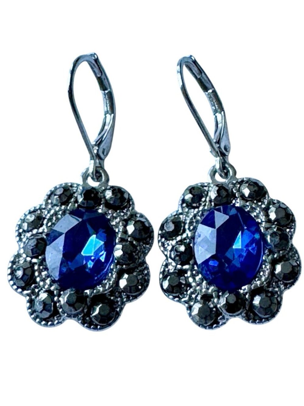 Monet Drop Earrings Victorian Revival Silver Tone Blue Pierced Lever Backing
